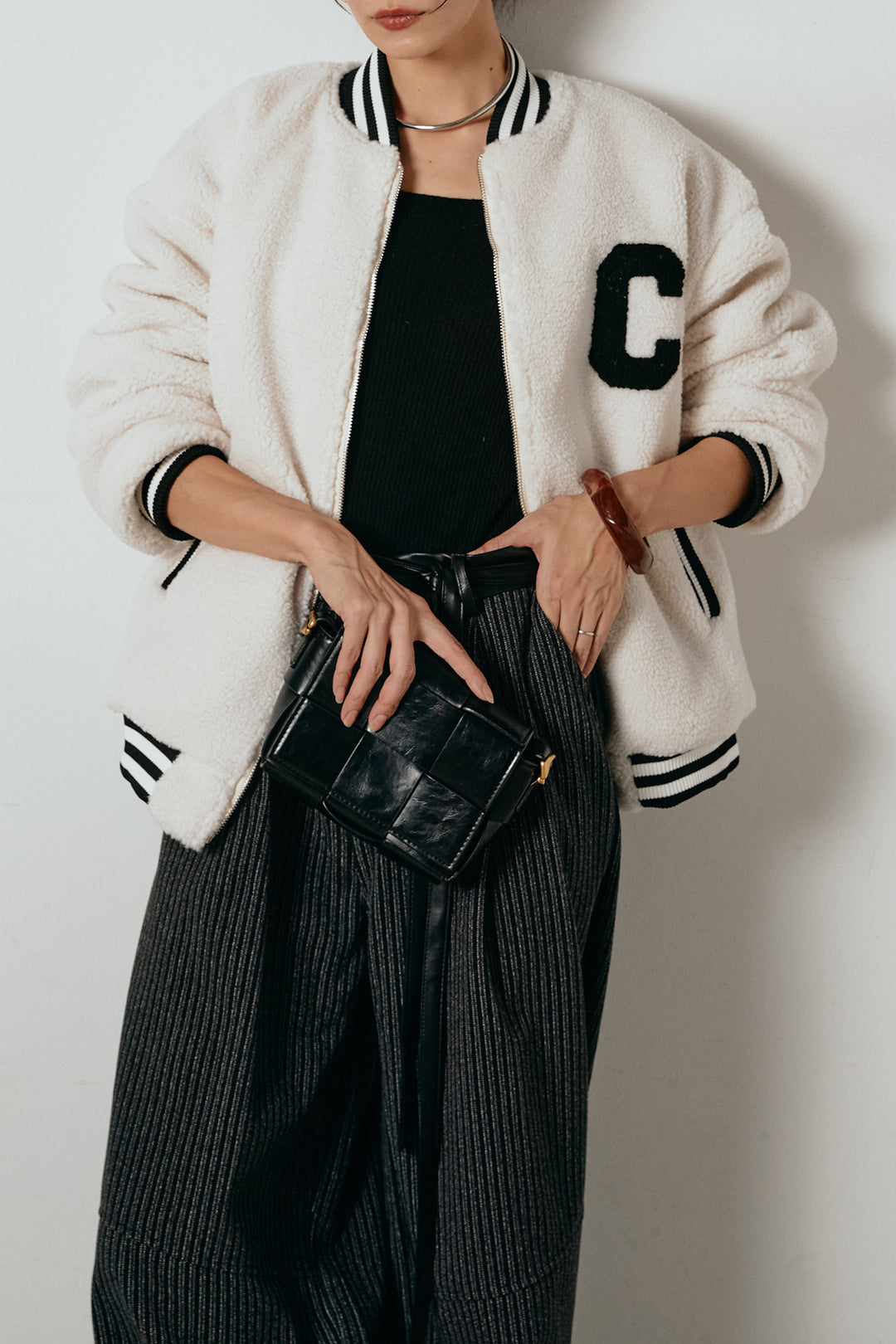 [SET]ロゴスタジャンボアブルゾン+レザーライク配色ストライプパンツ(2set)