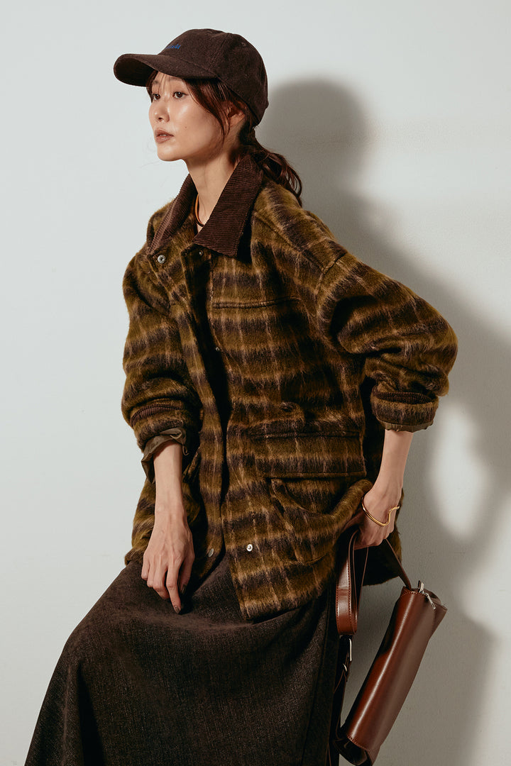 [SET]チェックシャギーミドルカバーオール+スウェードライクロングスカート(2set)