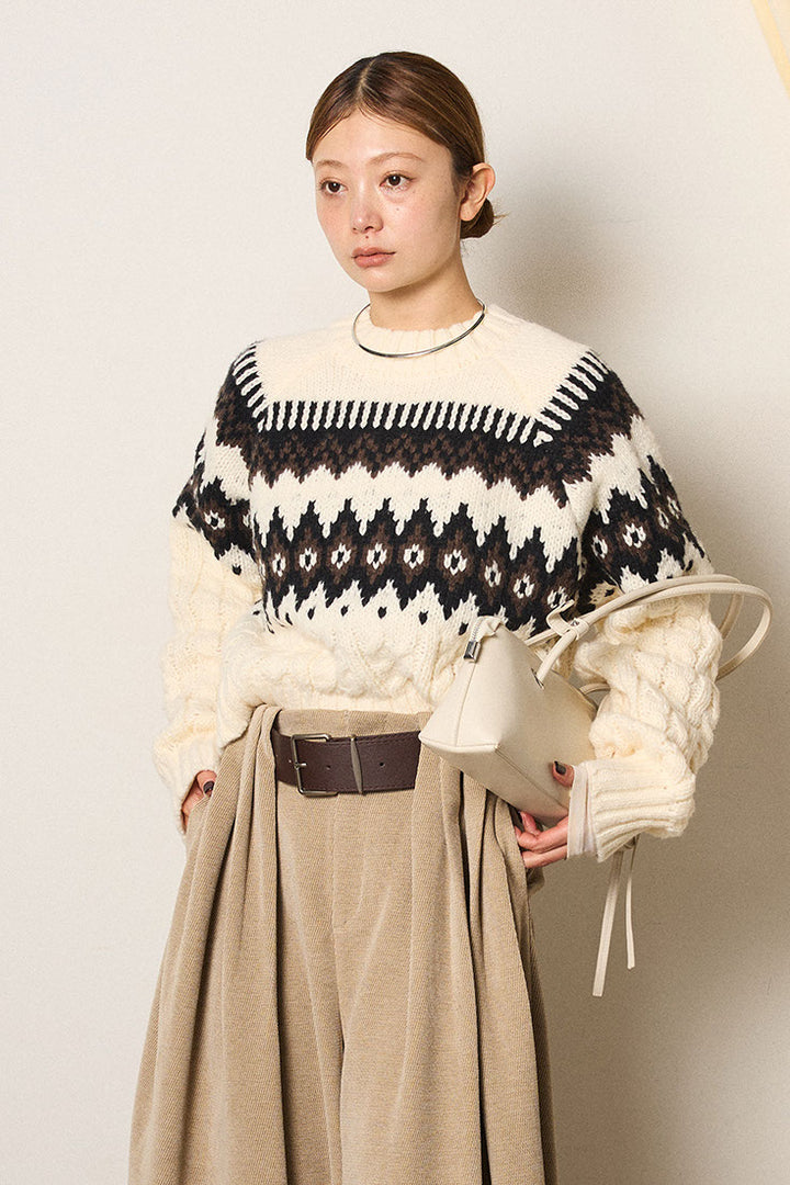 [SET]2WAY求心柄ジャガードショートカーディガン+2WAY袖コード刺繍クルーネックプルオーバー(2set)