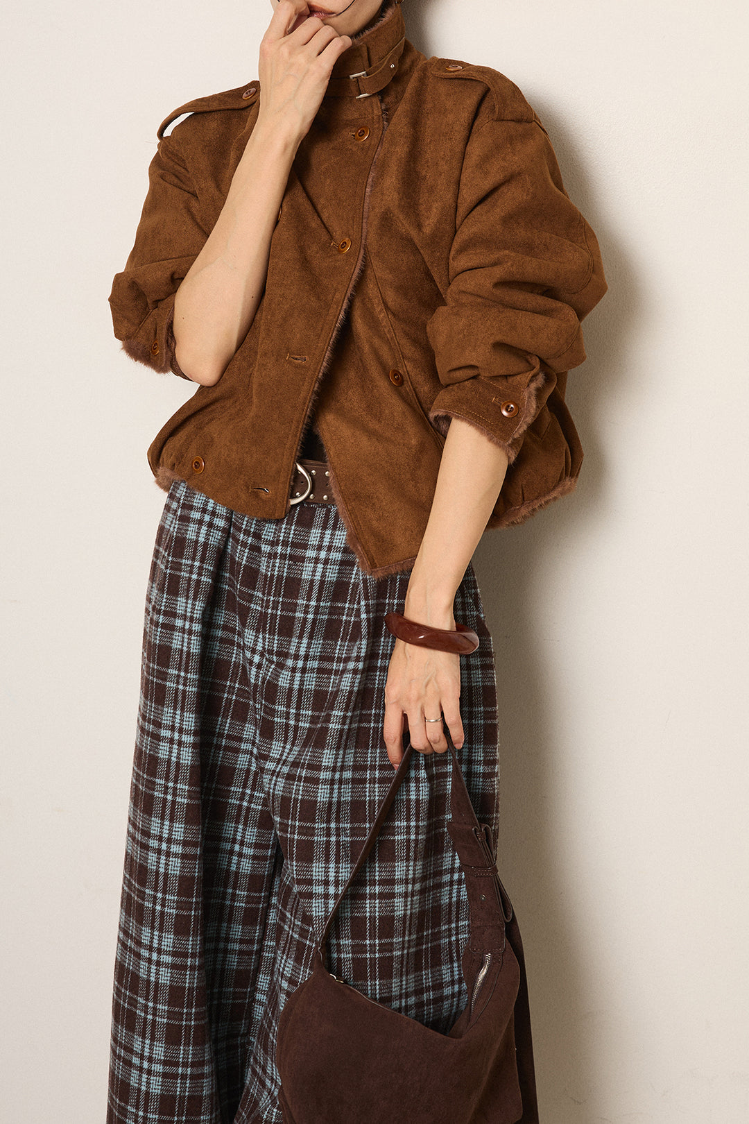 [SET]スタンド襟スウェードライクアウター+スタッズデザインベルトタータンチェックパンツ(2set)
