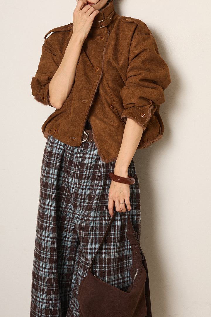 [SET]スタンド襟スウェードライクアウター+スタッズデザインベルトタータンチェックパンツ(2set)