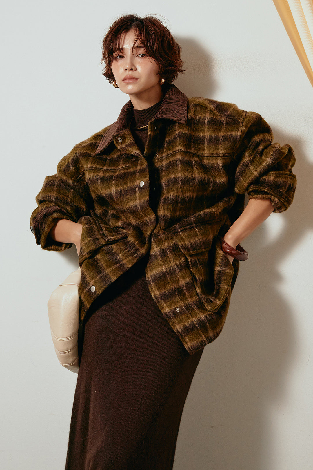 [SET]チェックシャギーミドルカバーオール+ノースリーブニットロングワンピース(2set)