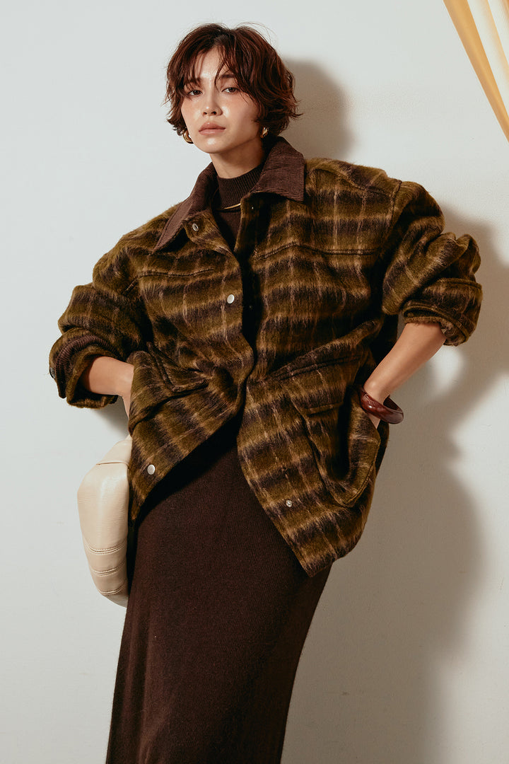 [SET]チェックシャギーミドルカバーオール+ノースリーブニットロングワンピース(2set)