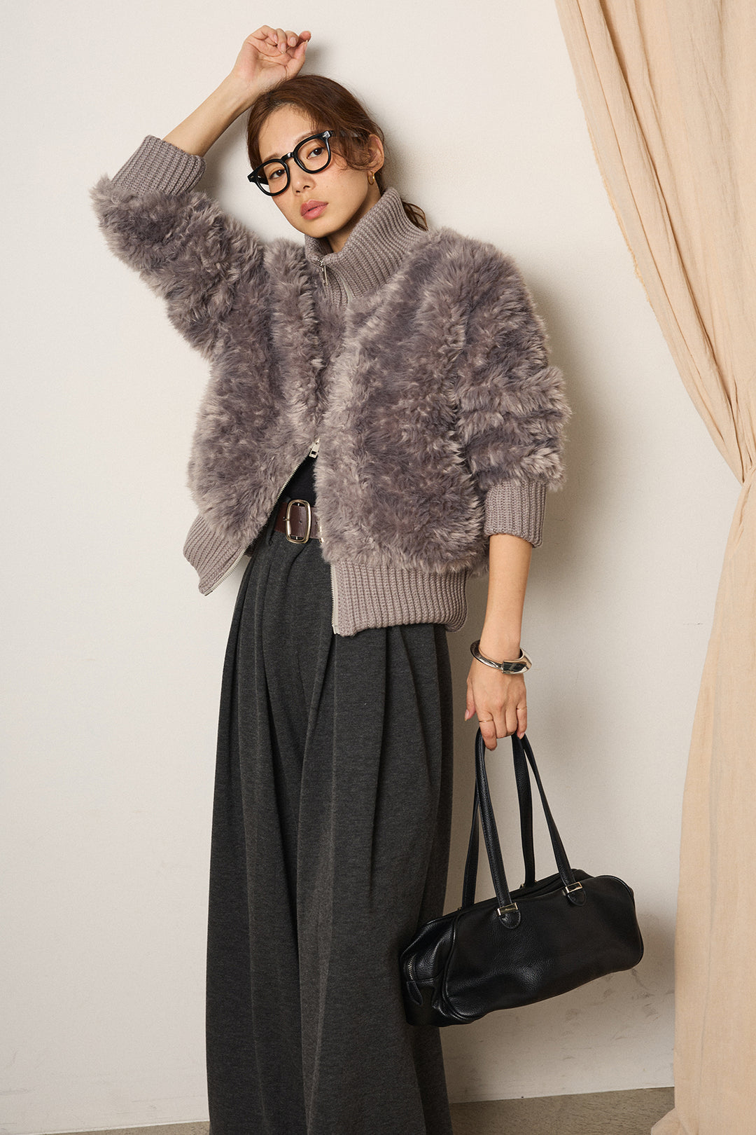 [SET]ハイネックボアブルゾン+フェイクレザー太ベルト付きタックワイドパンツ(2set)