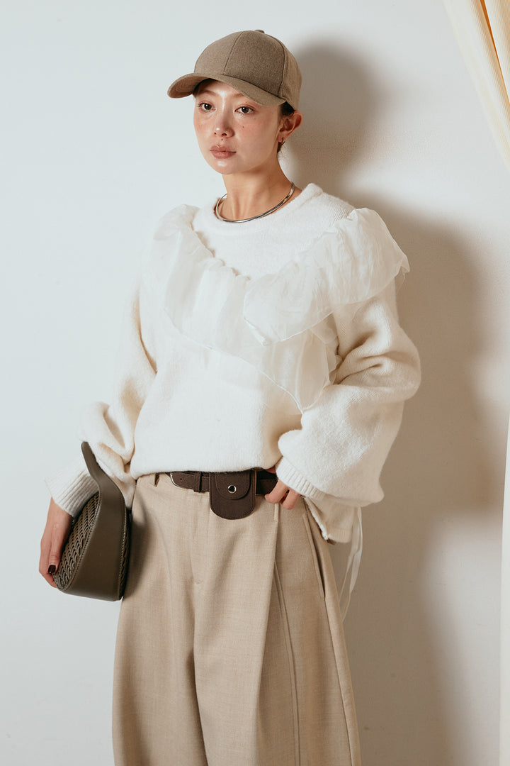 [SET]アシンメトリーフリルニットトップス+ポーチベルト付きカーブパンツ(2set)