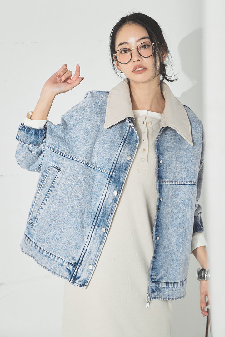 [SET]加工デニムレザー襟付きデニムブルゾン+カットリブレイヤードヘンリーネックワンピース(2set)