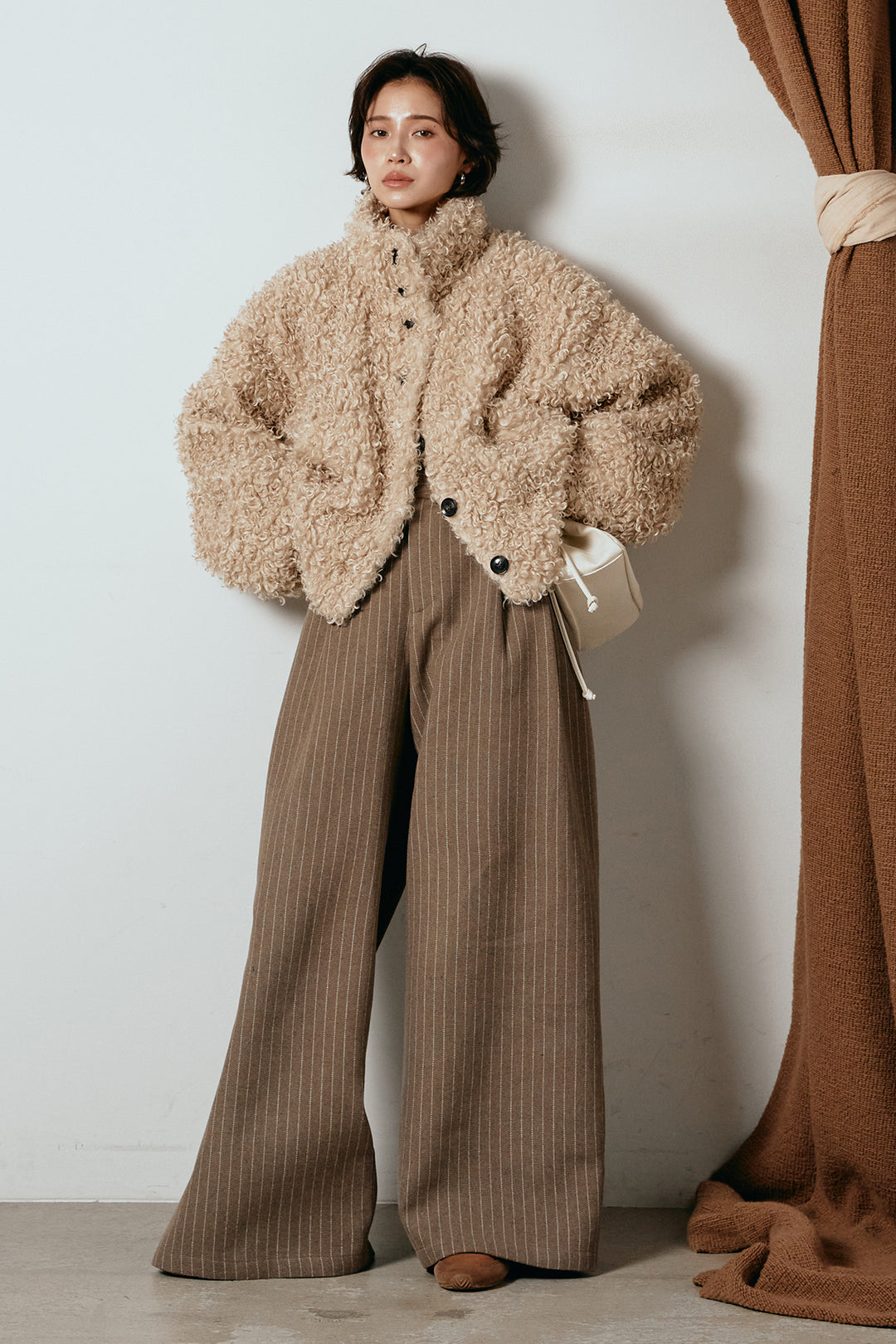 [SET]プードルファーミドルジャケット+ウールライクストライプパンツ(2set)