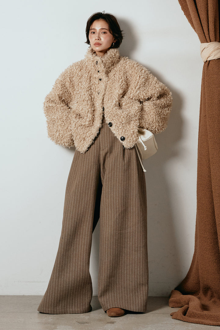 [SET]プードルファーミドルジャケット+ウールライクストライプパンツ(2set)