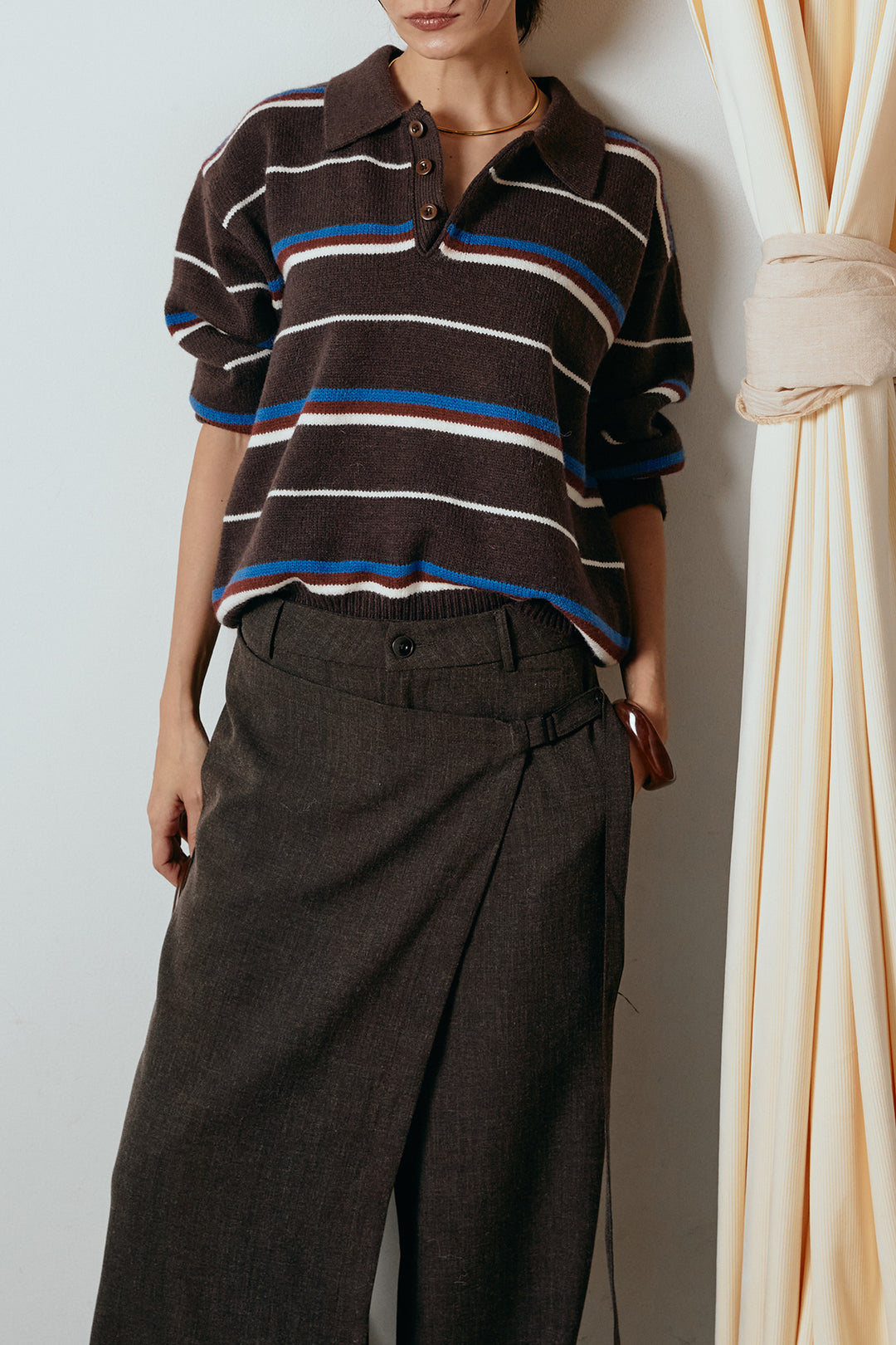 [SET]襟付きマルチボーダーニットポロトップス+ラップ巻きワイドスラックス(2set)