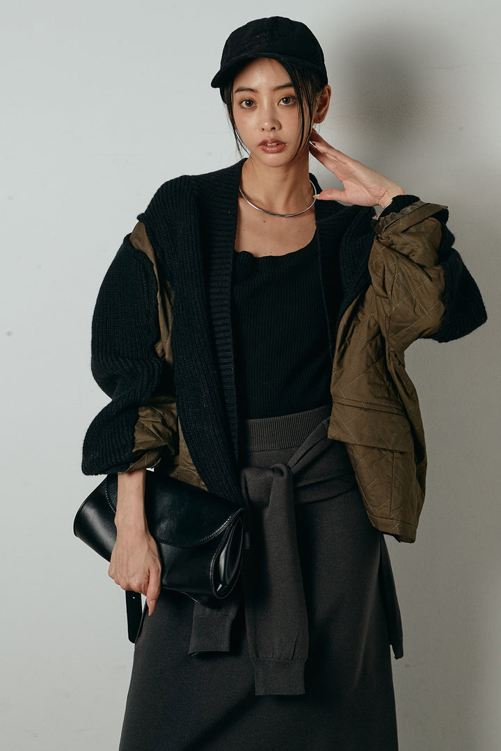 [SET]キルティング切り替えニットカーディガン+ウエストラップ巻きニットスカート(2set)