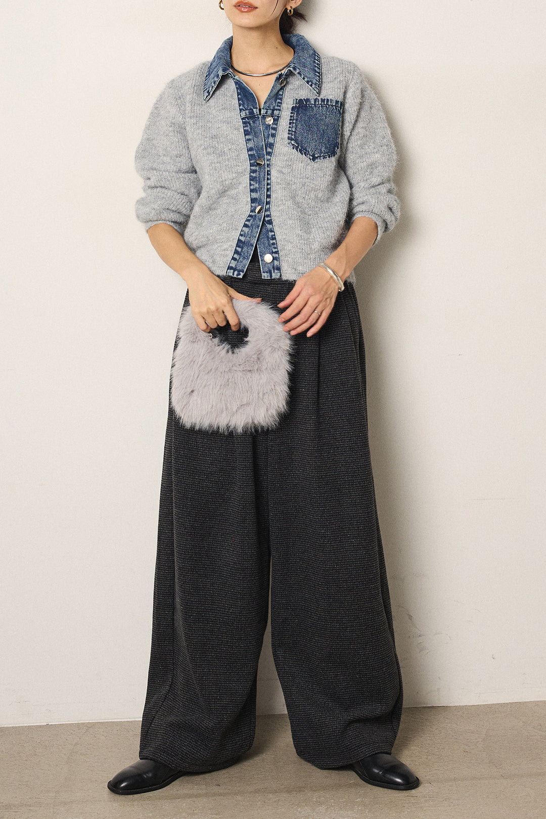 [SET]襟付きデニム切替ニットカーディガン+起毛タック入りツイードワイドパンツ(2set)