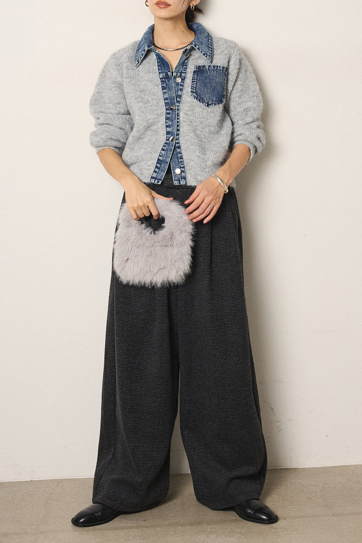 [SET]襟付きデニム切替ニットカーディガン+起毛タック入りツイードワイドパンツ(2set)