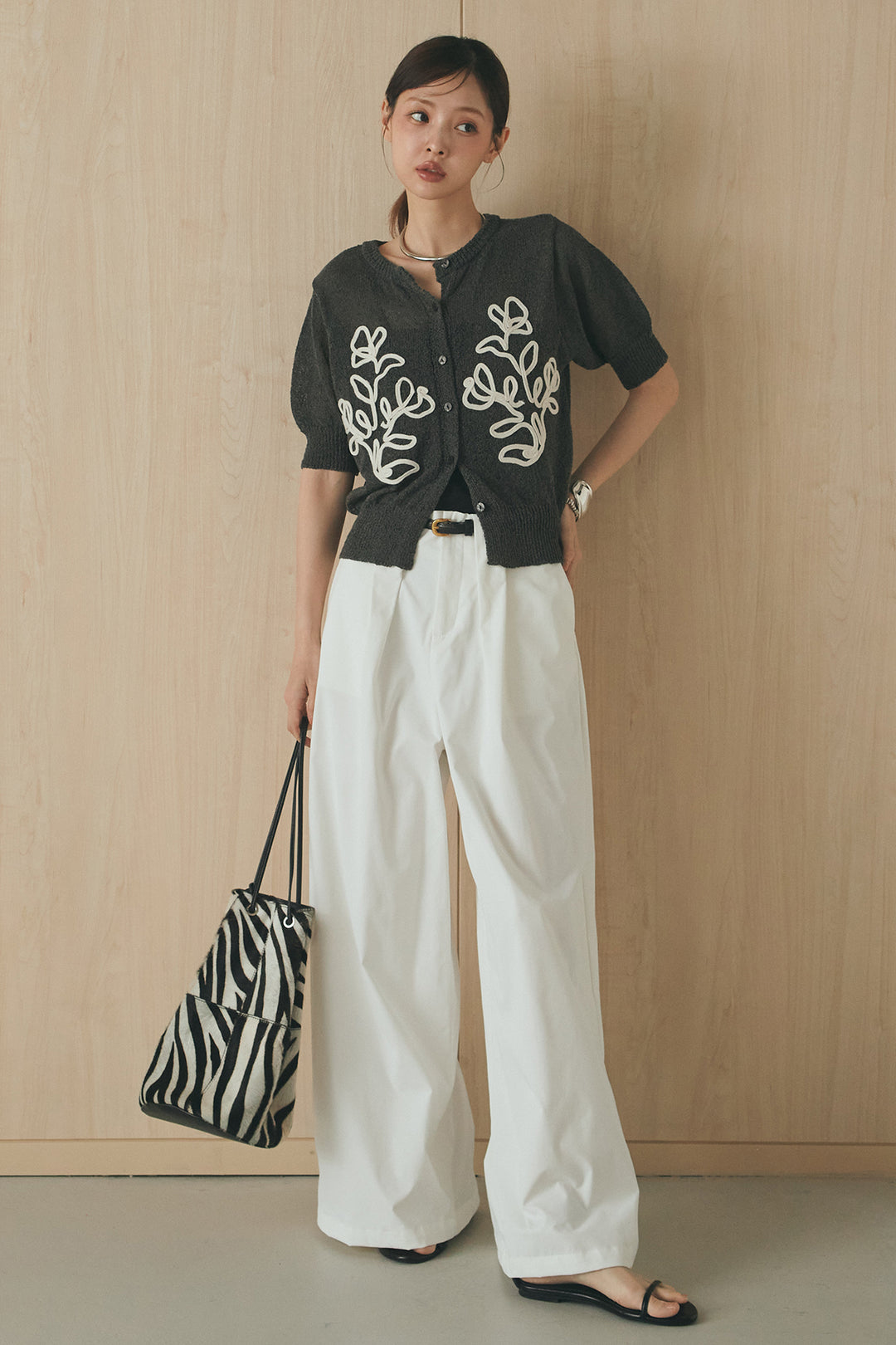 [SET]フロントテープデザイン半袖カーディガン+ベルトループデザインハイウエストタックパンツ(2set)