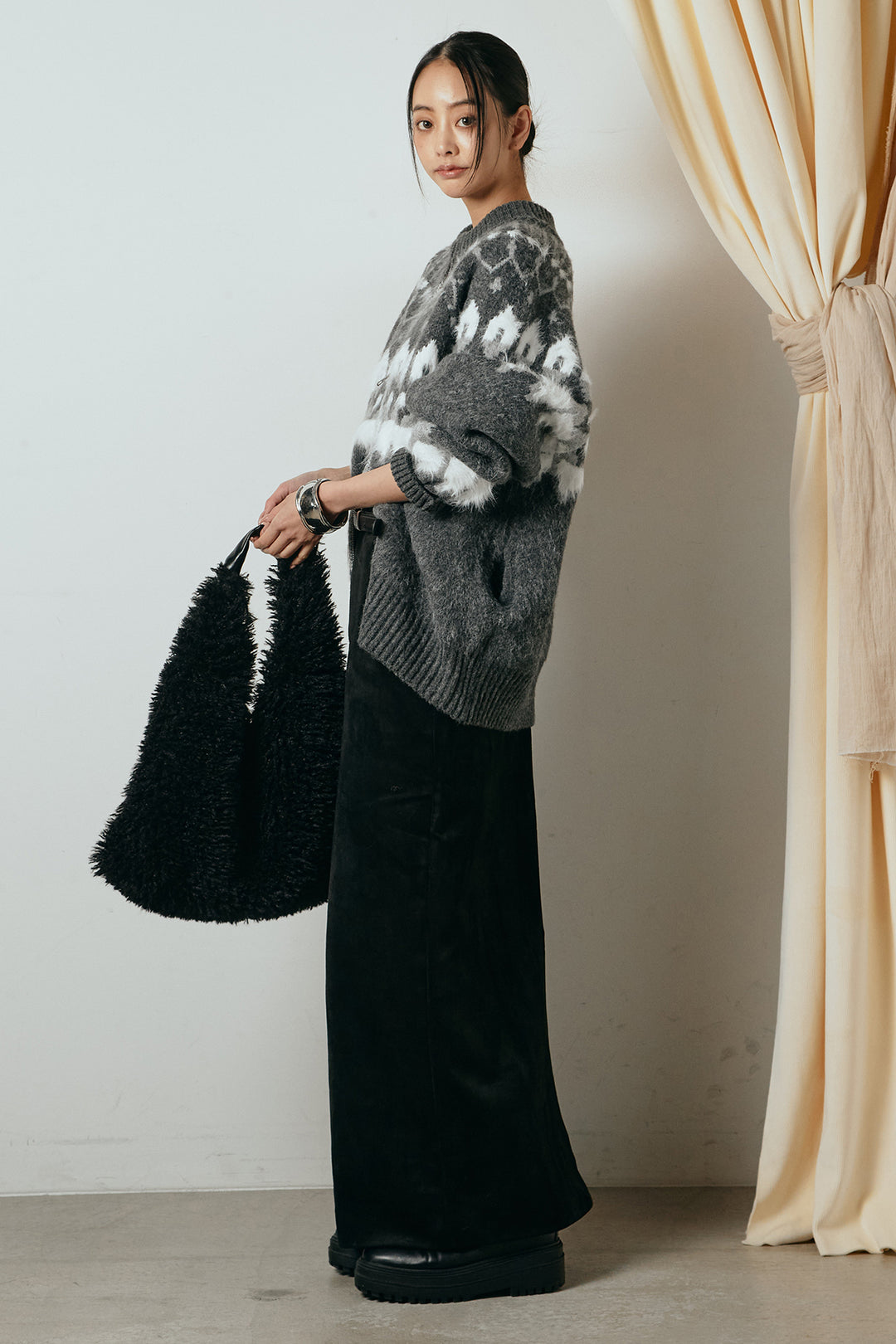 [SET]起毛ダブルジップパターンニットカーディガン+エコスウェードワイドスカート(2set)