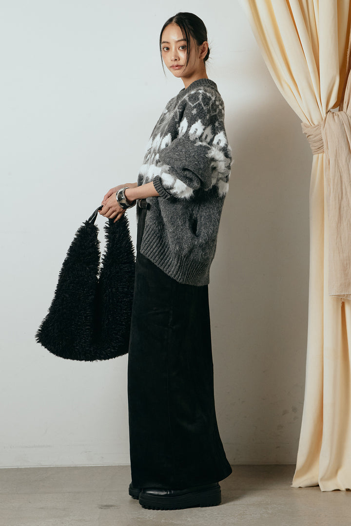 [SET]起毛ダブルジップパターンニットカーディガン+エコスウェードワイドスカート(2set)