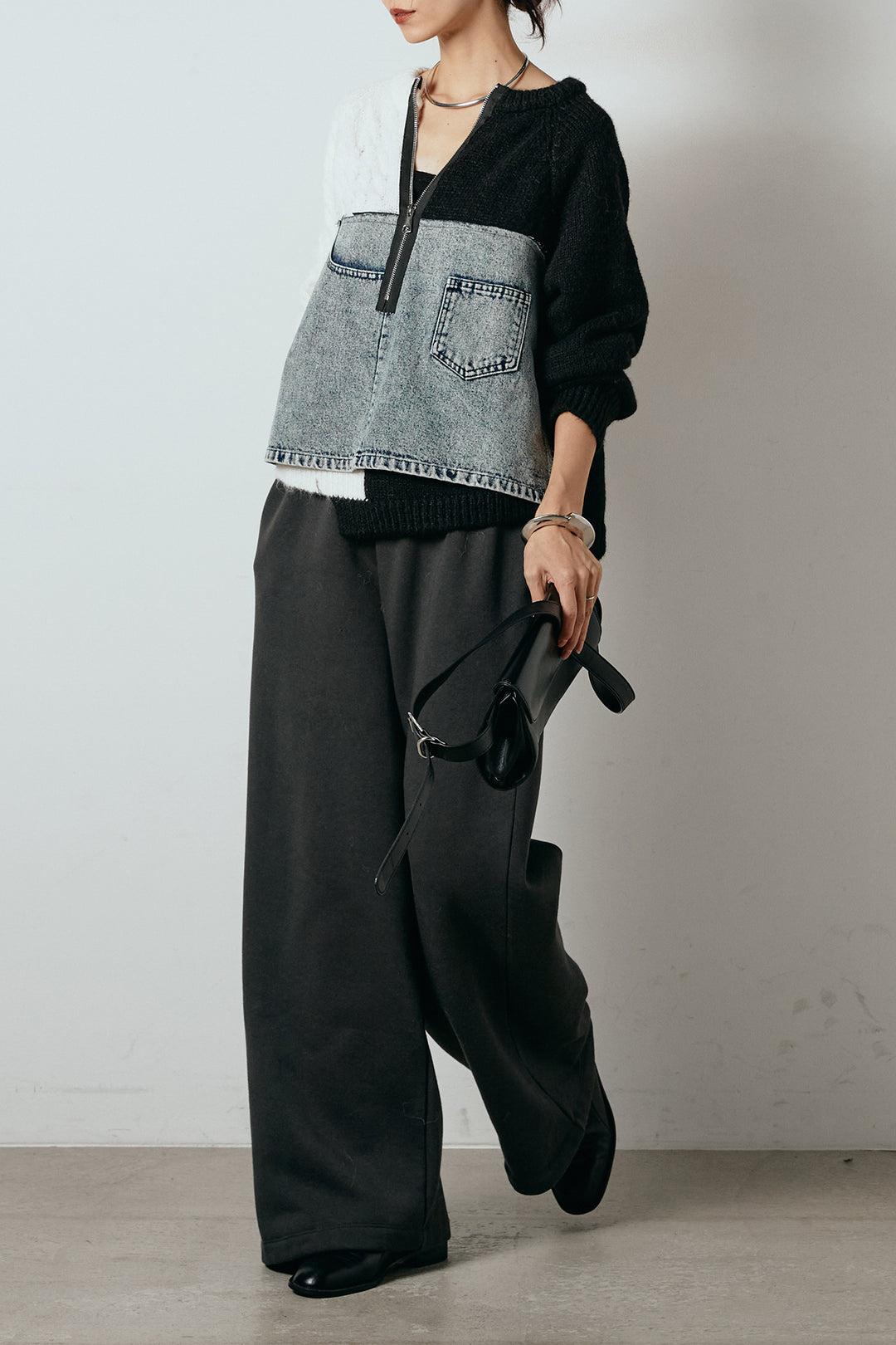 [SET]ハーフジップニットデニムドッキングトップス+裏起毛スウェットワイドパンツ(2set)