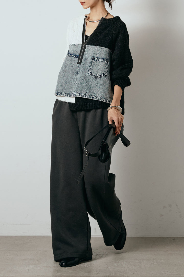 [SET]ハーフジップニットデニムドッキングトップス+裏起毛スウェットワイドパンツ(2set)