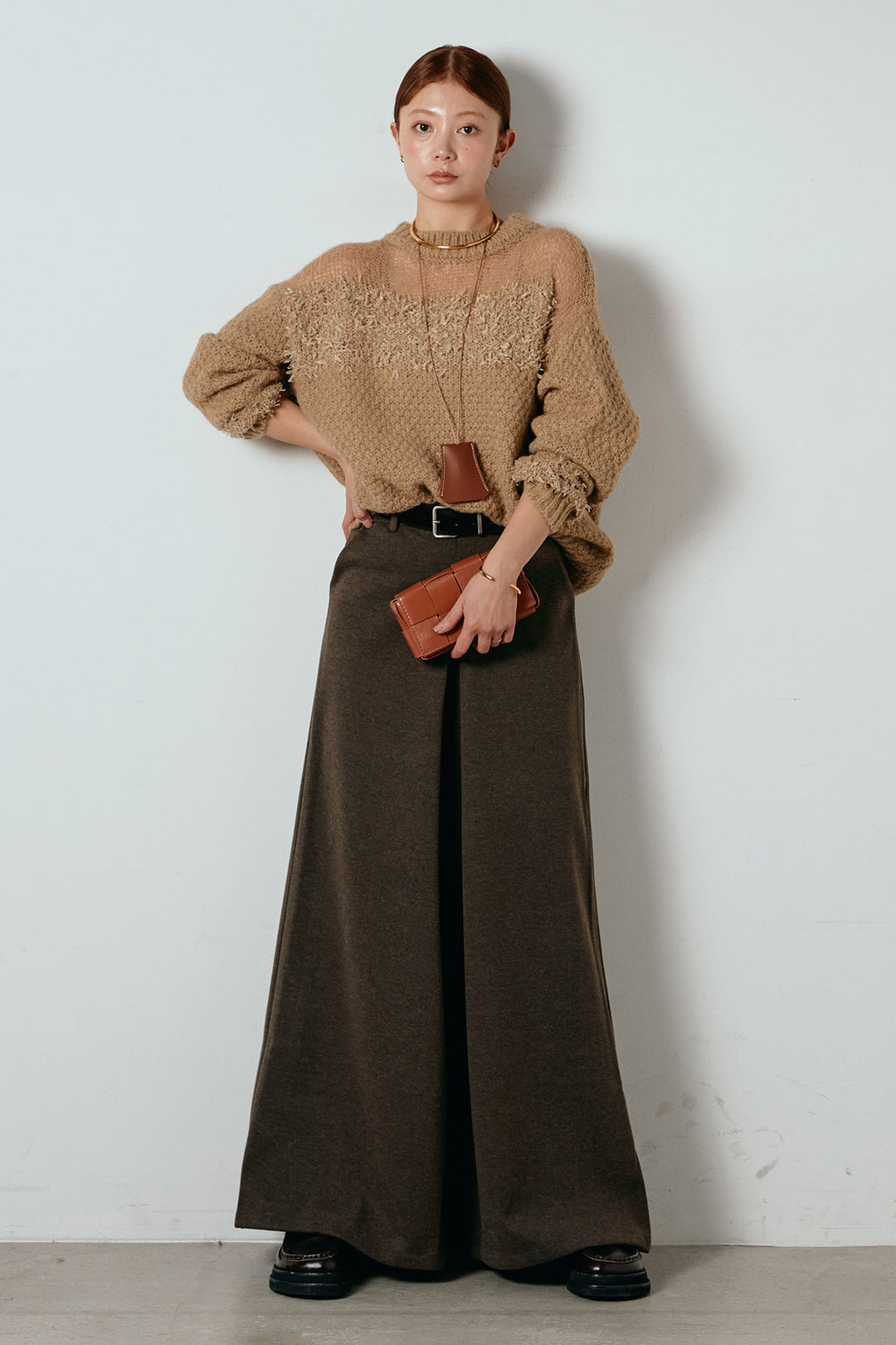 [SET]パターンランダム編みニットトップス+ベルト付きフロントタックデザインパンツ(2set)