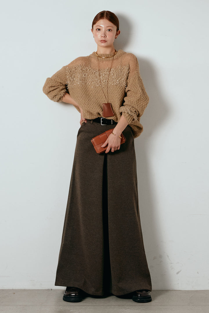 [SET]パターンランダム編みニットトップス+ベルト付きフロントタックデザインパンツ(2set)