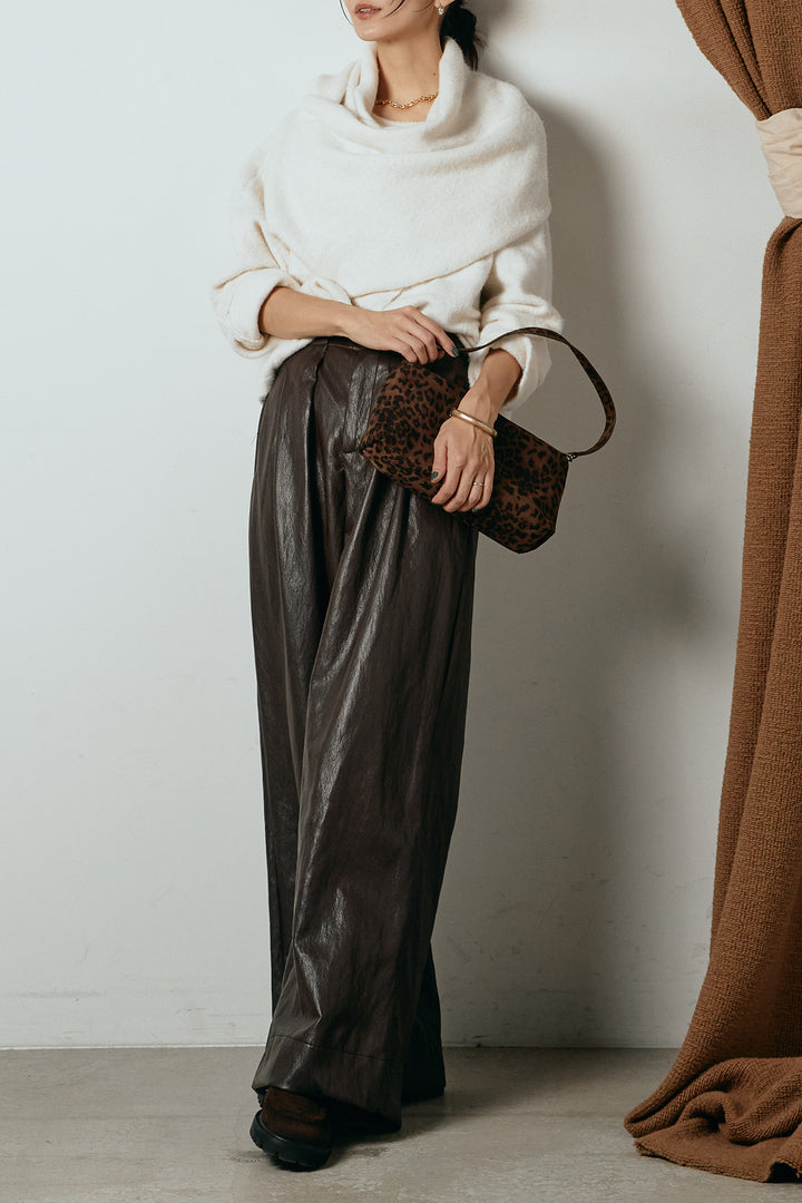 [SET]ネック巻きデザインニットトップス+ベルト付きレザーライクタックパンツ(2set)