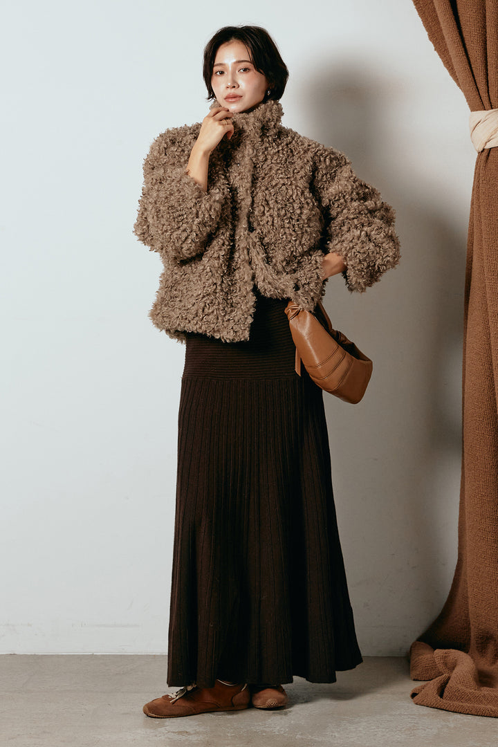 [SET]プードルファーミドルジャケット+編み地切り替えフレアニットスカート(2set)