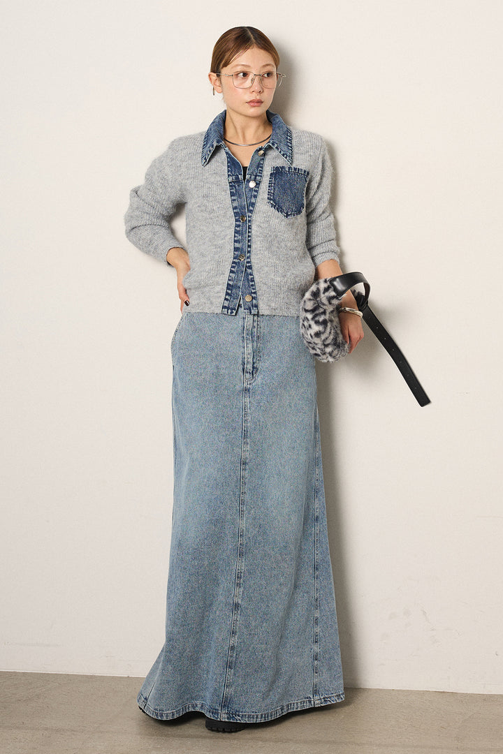 [SET]襟付きデニム切替ニットカーディガン+デニムロングフレアスカート(2set)