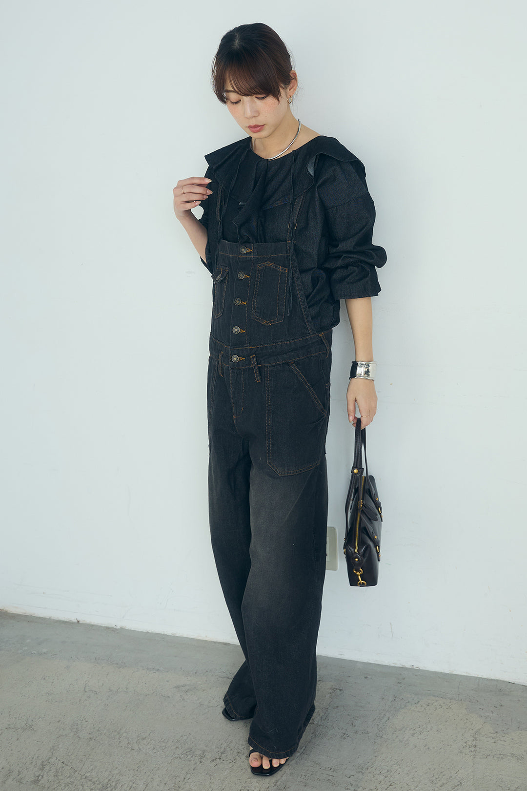[SET]デニムフリルブラウス+デニムサロペットワイドパンツ(2set)