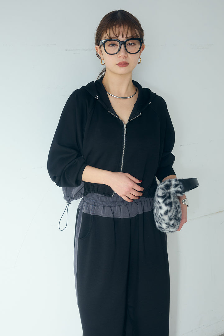 [SET]ドルマンショートフーディー+異素材切り替えスウェットパンツ(2set)