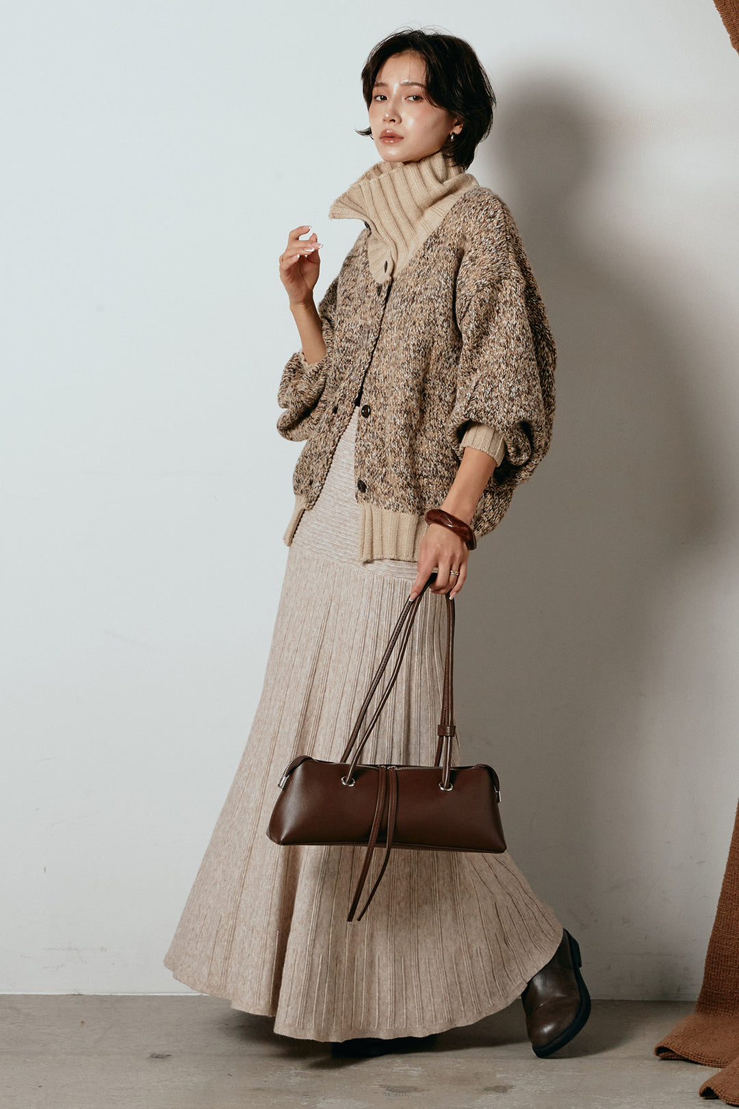 [SET]ハイネックミックスニットカーディガン+編み地切り替えフレアニットスカート(2set)