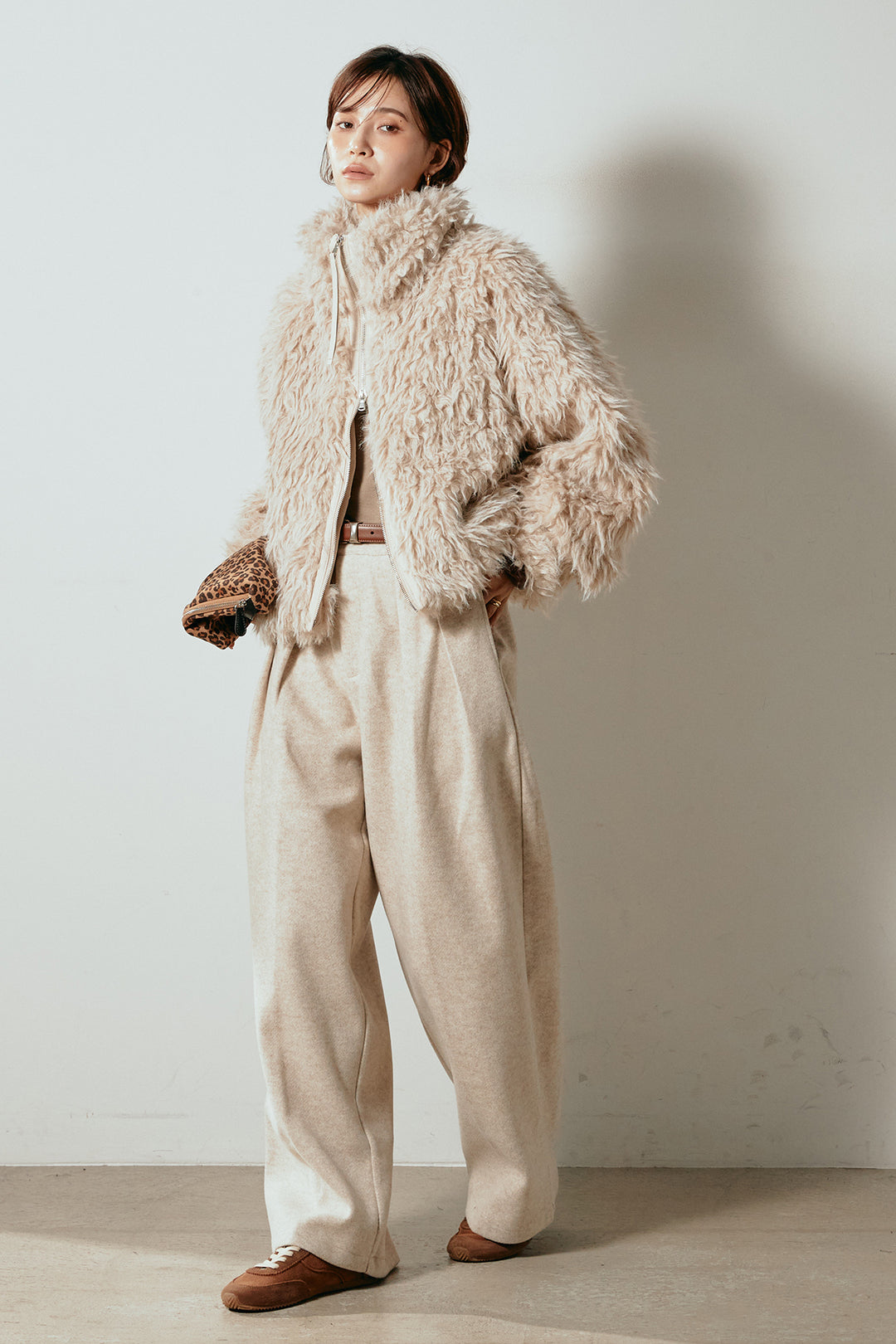 [SET]ミックスシープファースタンドブルゾン+フェイクウールタックトラウザーズパンツ(2set)