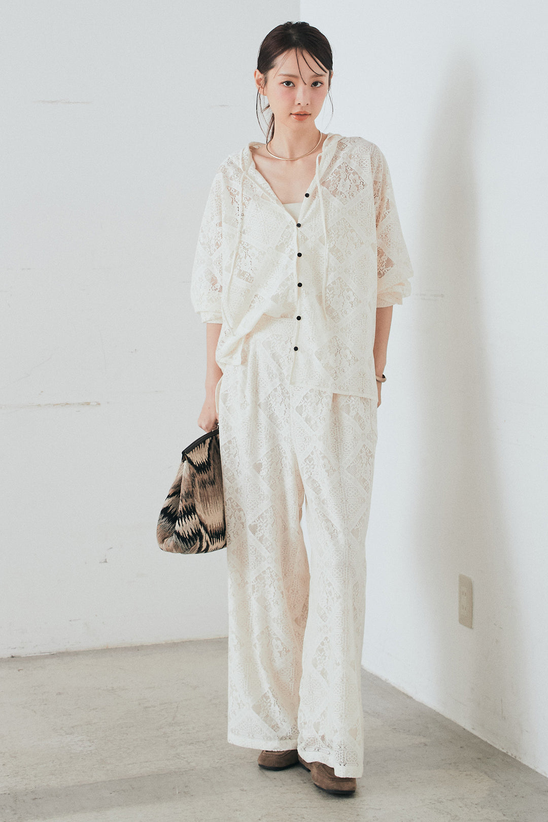 [SET]ブロックレースフード付きブラウス+リラックスブロックレースワイドパンツ(2set)