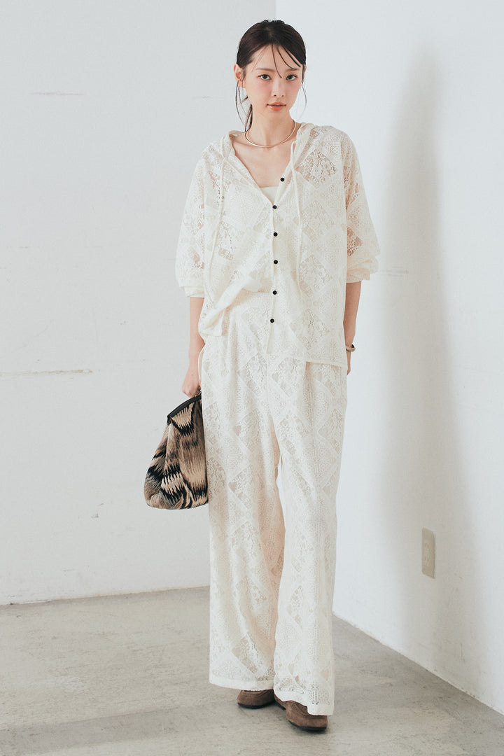 [SET]ブロックレースフード付きブラウス+リラックスブロックレースワイドパンツ(2set)