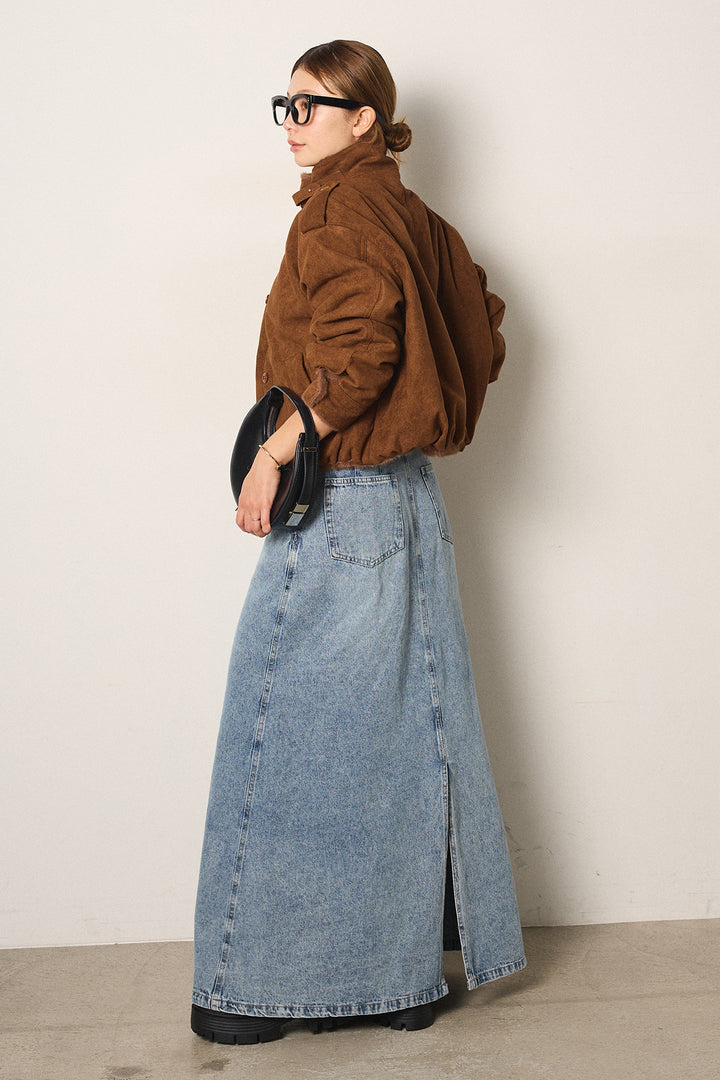 [SET]スタンド襟スウェードライクアウター+デニムロングフレアスカート(2set)