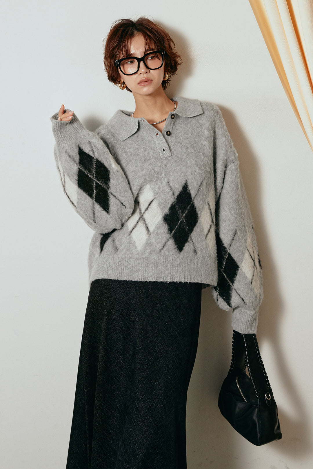 [SET]アーガイル柄ポロニットトップス+スウェードライクロングスカート(2set)