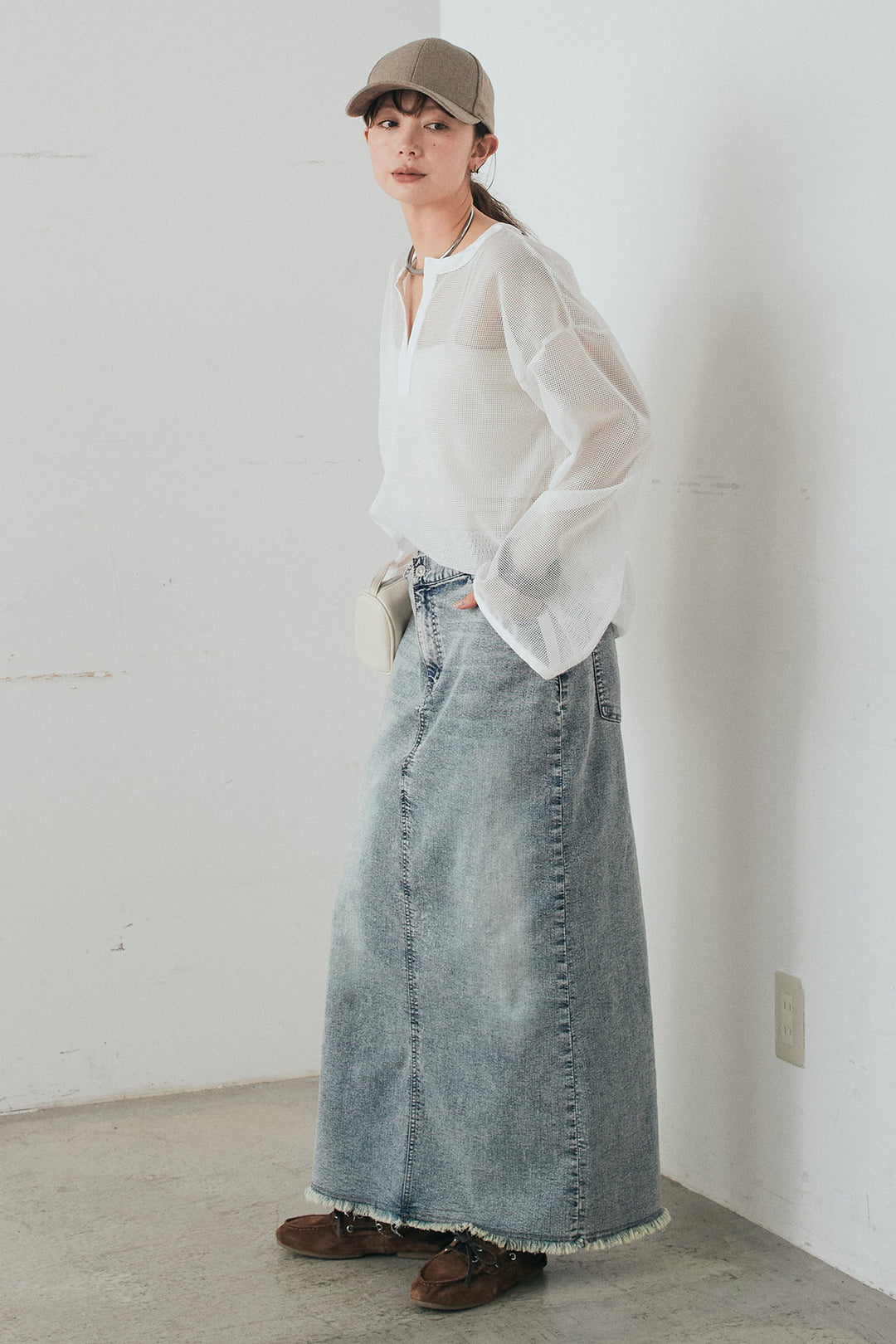 [SET]メッシュカットソースキッパープルオーバー+ウエストクロスデニムタイトスカート(2set)