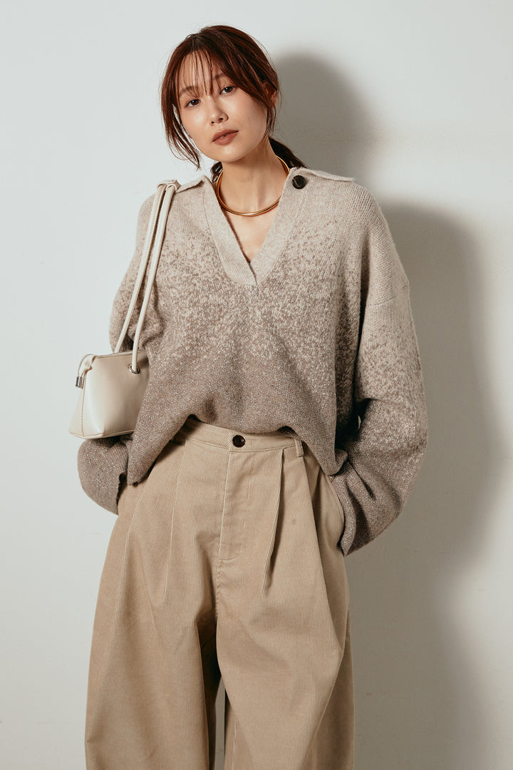 [SET]グラデーションラメニットキーネックプルオーバー+フロントタック入りコーデュロイパンツ(2set)