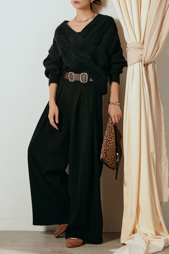 [SET]ケーブルカシュクールニットトップス+フェイクレザー太ベルト付きタックワイドパンツ(2set)