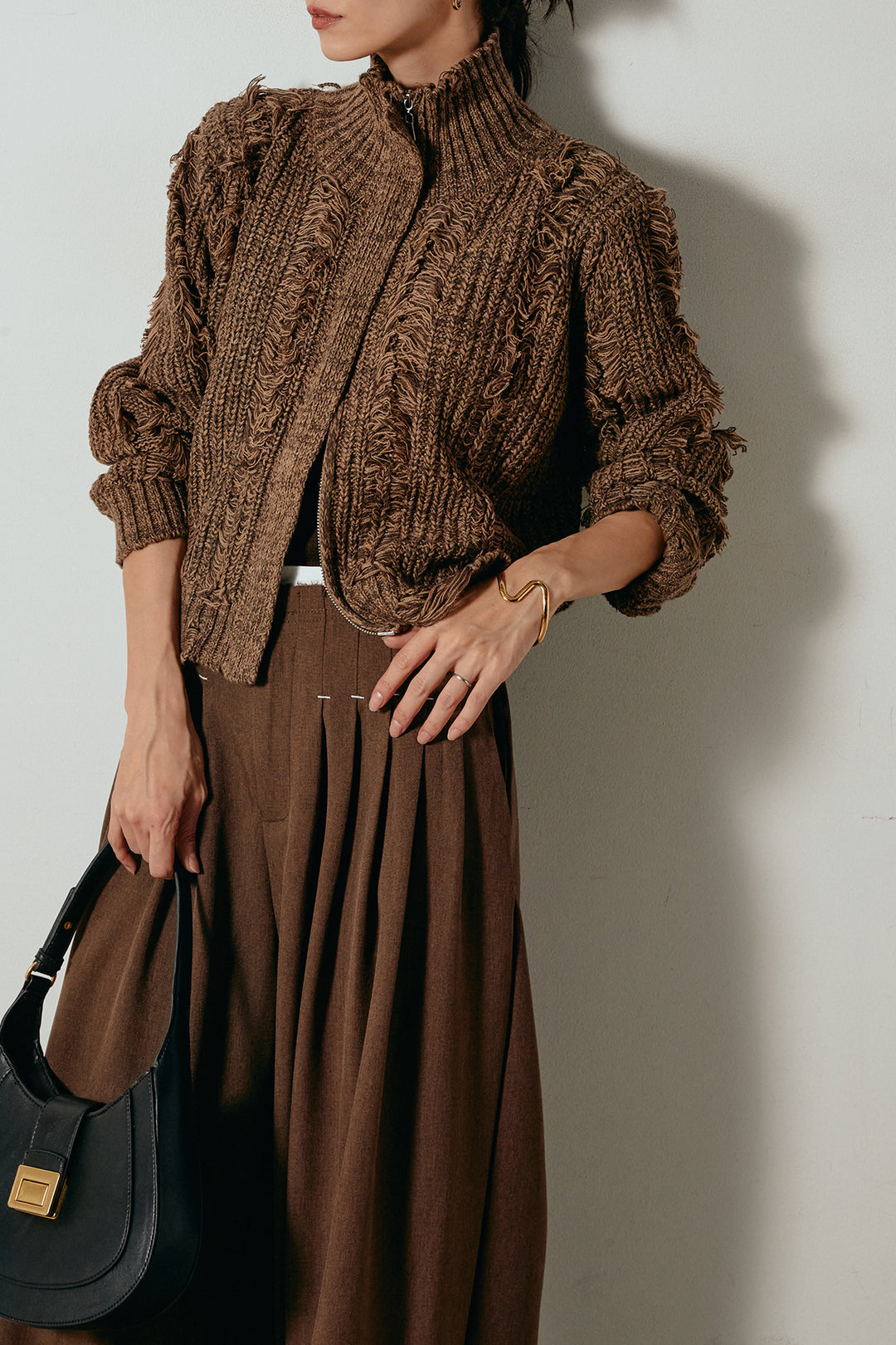 [SET]ハイネックフリンジジップニットトップス+ウエストステッチデザインワイドスラックス(2set)