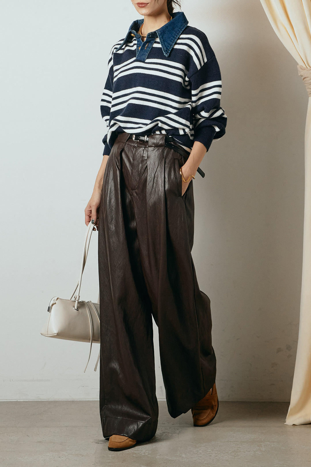 [SET]デニムレイヤード風ランダムボーダーニットプルオーバー+ベルト付きレザーライクタックパンツ(2set)