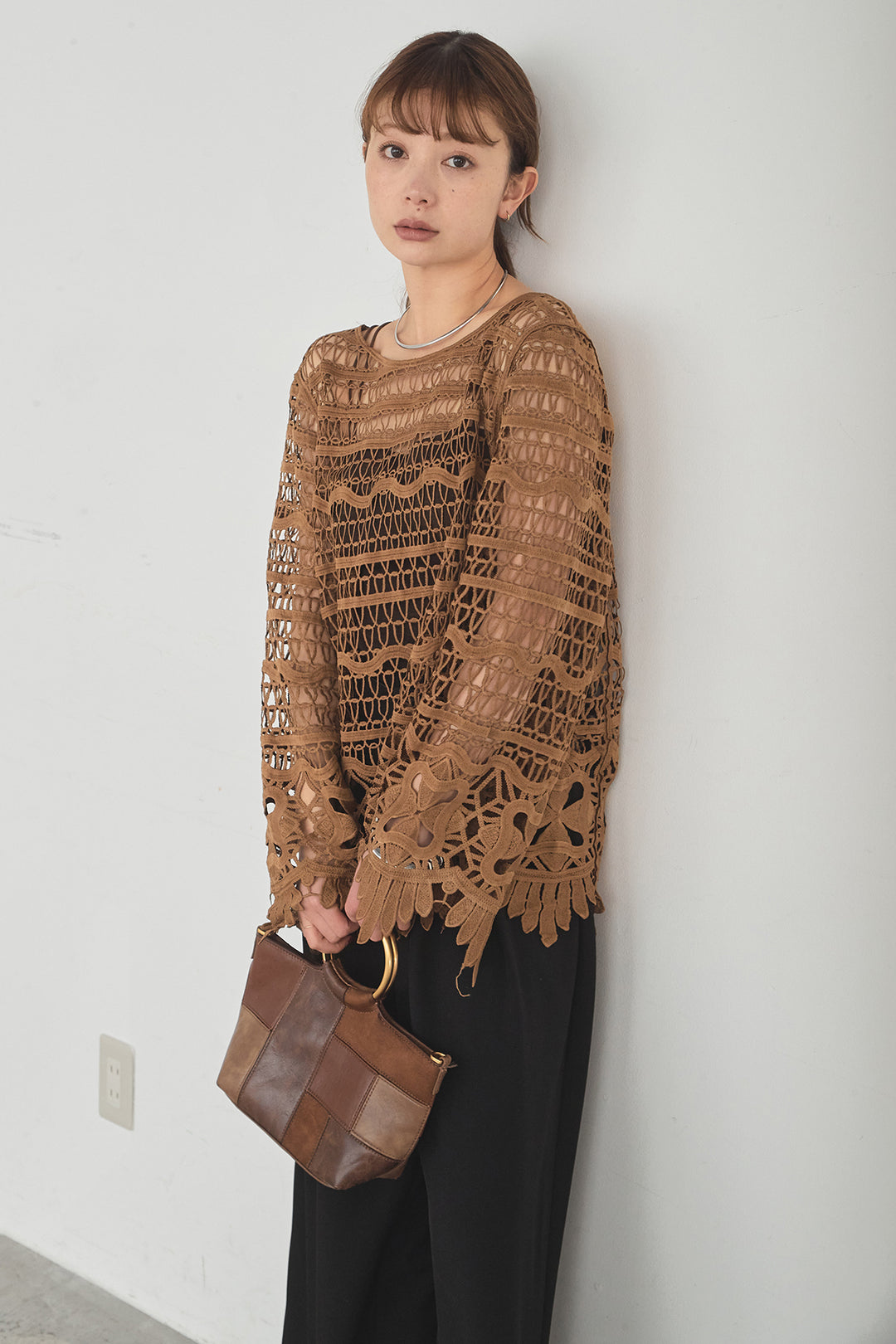 [SET]裾デザインメッシュプルオーバー+ベルト付きツータックワイドパンツ(2set)