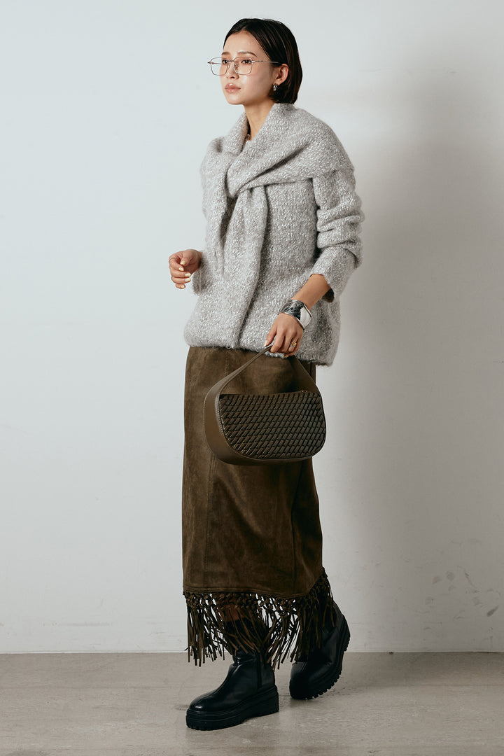 [SET]スカーフ付きミックスニットトップス+スウェードライク裾フリンジスカート(2set)