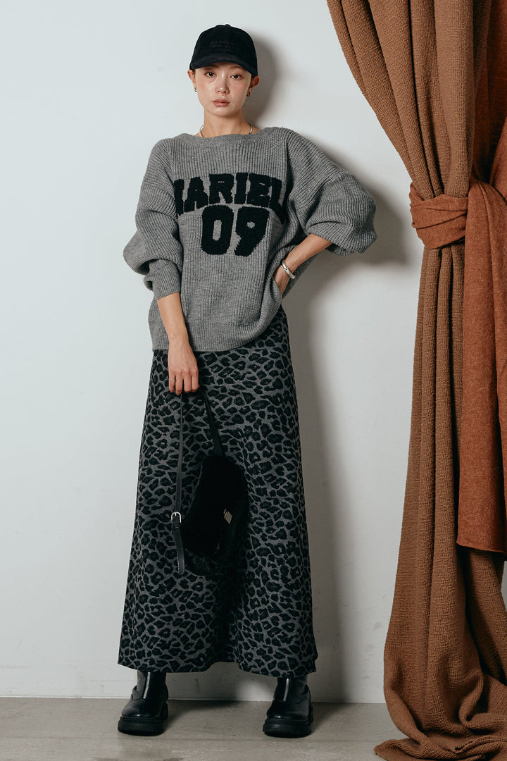 [SET]ロゴジャガードニットトップス+レオパードロングスカート(2set)