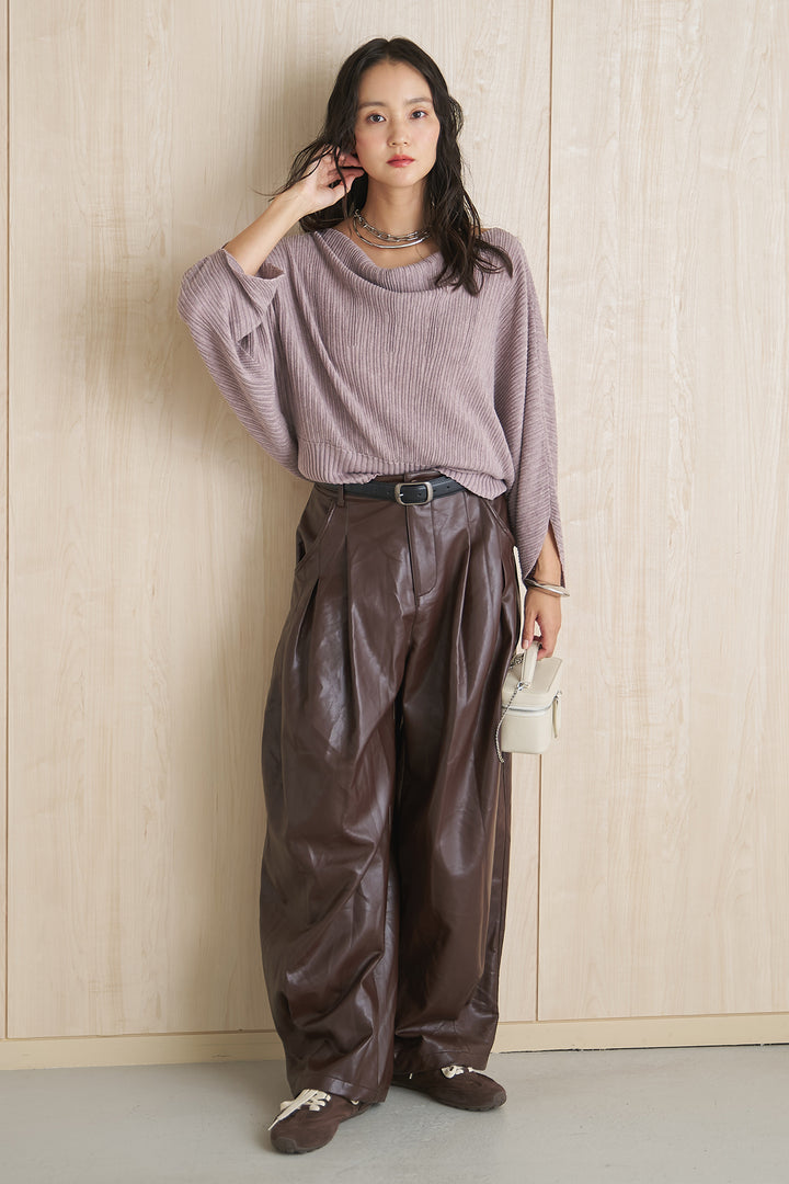 [SET]ドルマンスリーブクロップドリブニット+レザーライクタックワイドパンツ(2set)