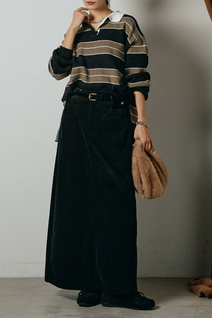[SET]ラガーニットボーダーポロプルオーバー+ポーチベルト付きコーデュロイワイドスカート(2set)