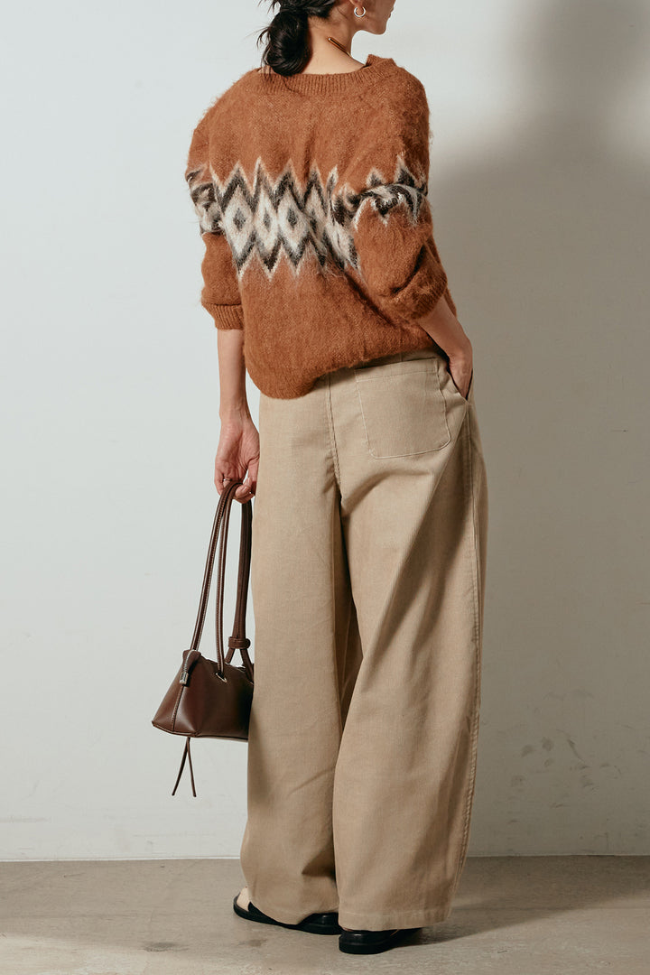 [SET]起毛ノルディック柄ニットカーディガン+フロントタック入りコーデュロイパンツ(2set)