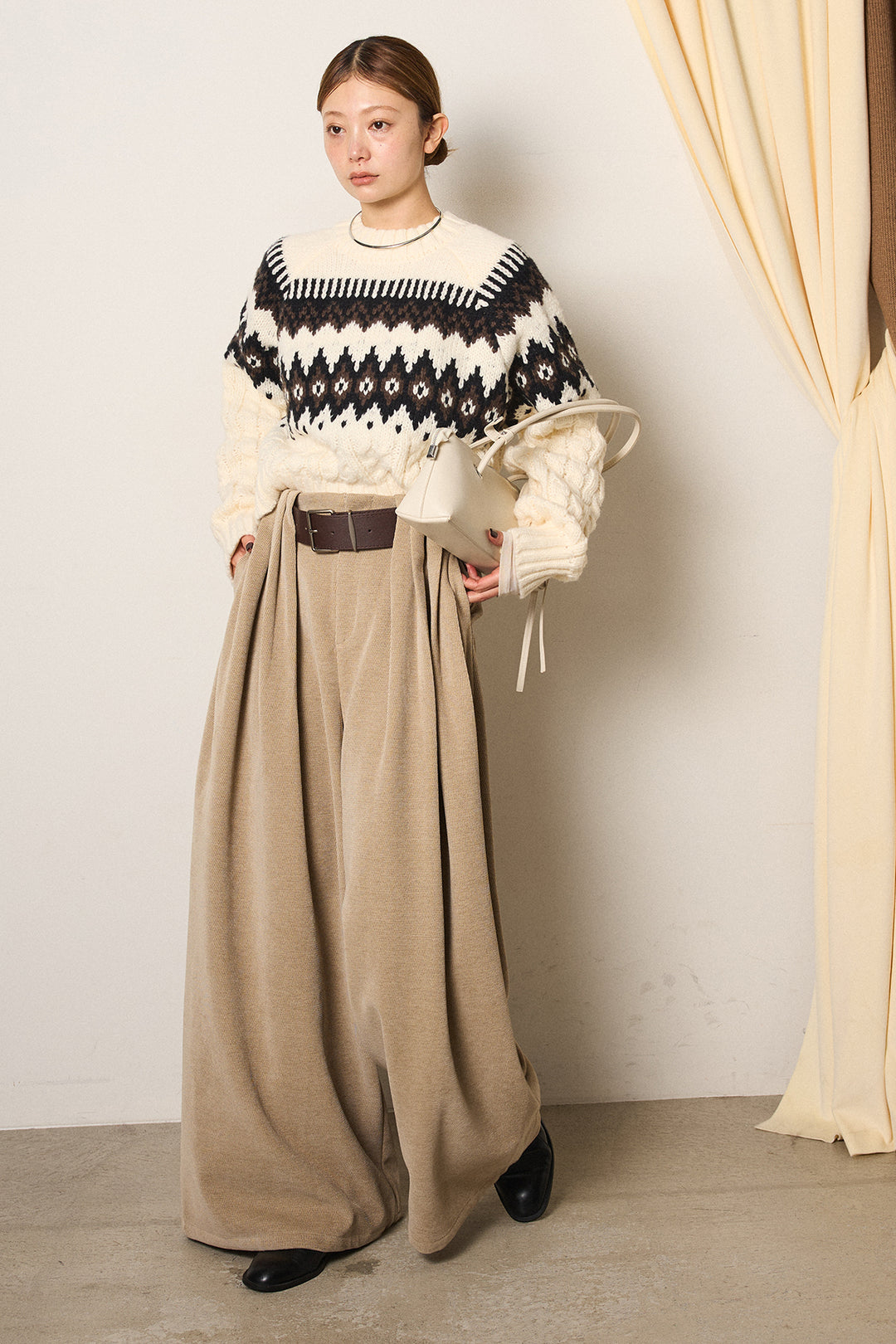 [SET]2WAY求心柄ジャガードショートカーディガン+ベルトループコーデュロイワイドパンツ(2set)
