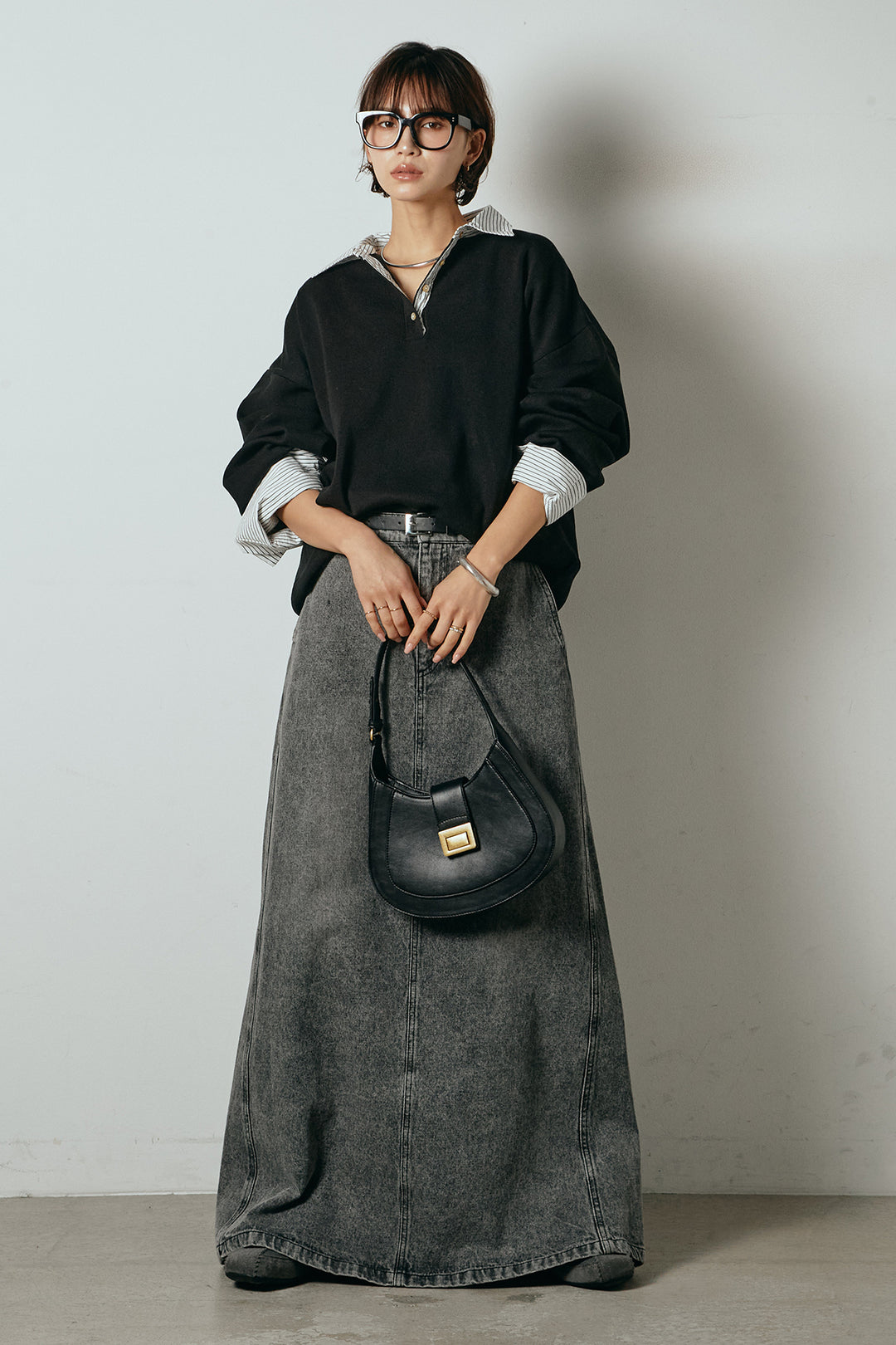 [SET]ストライプシャツドッキングポロトップス+デニムロングフレアスカート(2set)