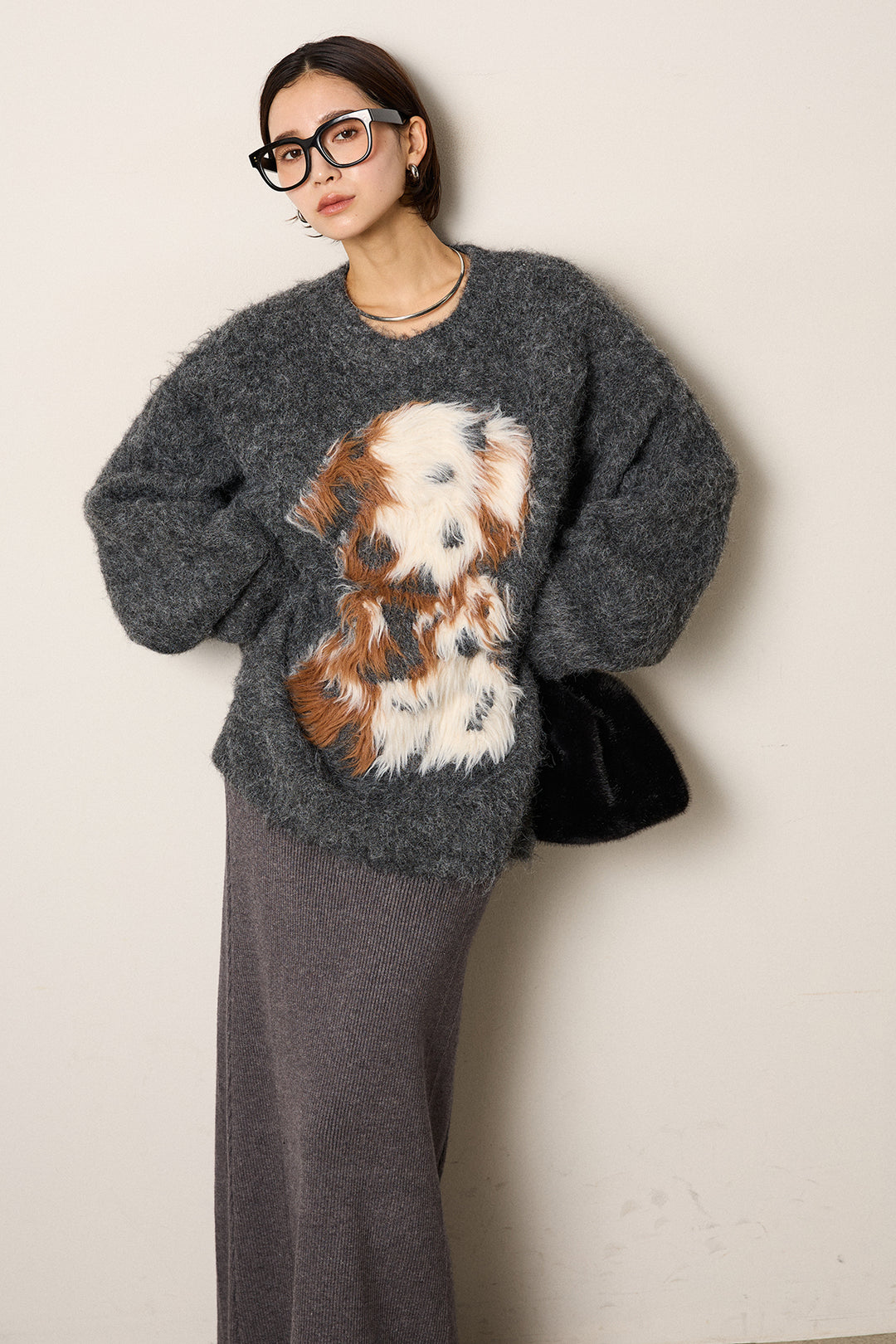 [SET]シャギーニュアンスアニマルニット+リブナローニットスカート(2set)