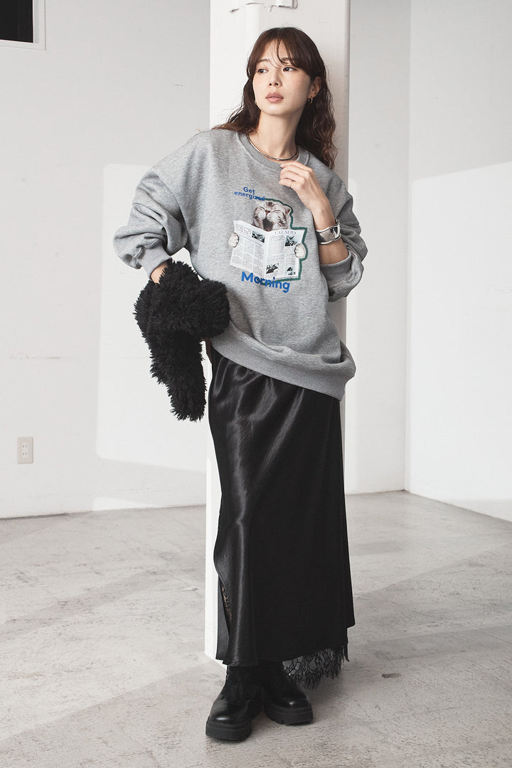 [SET]裏起毛モーニングキャットプリントスウェット+裾レースデザインサテンスカート(2set)