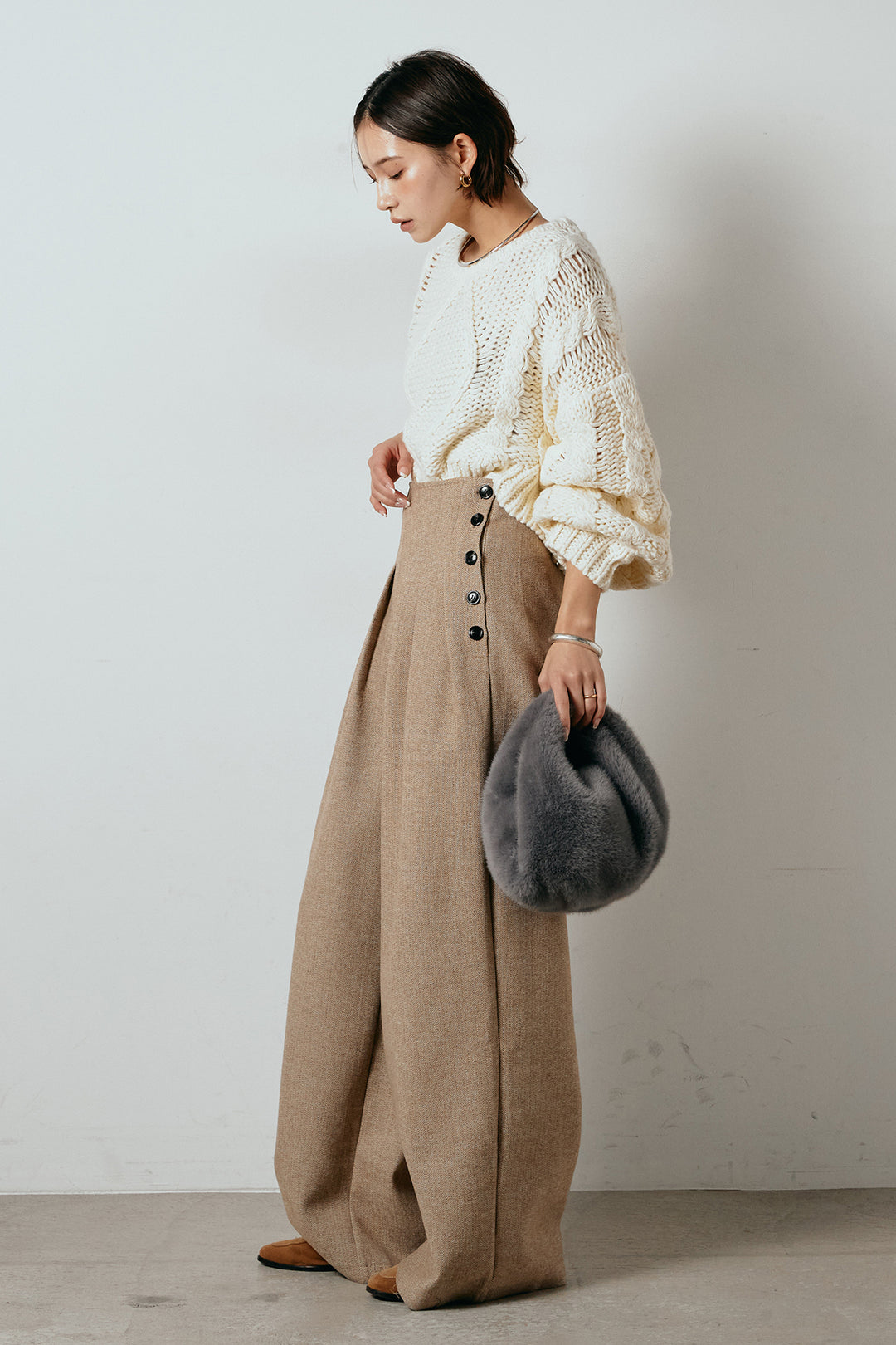 [SET]ロービングケーブルショート丈プルオーバー+サイドボタンツイードタックパンツ(2set)
